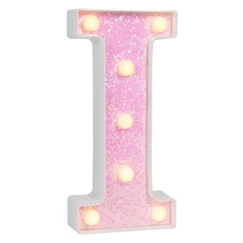 Image of Pink Glitter Marquee Light Up Letters, Battery Operated LED Letter Lights Signs for Pink Birthday Party Table Decorations, Wall Decor for Girls Bedroom, Initial Letter I with Warm White Lights