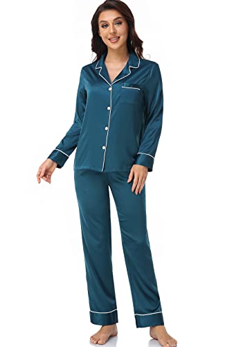 Image of Serenedelicacy Women's Satin Pajama Set Long Sleeve Button Down Sleepwear 2-Piece Silky Pj Set