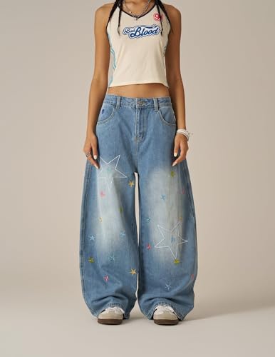 Aelfric Eden Stars Embroidery Baggy Barrel Jeans Wide Leg Y2K Denim Pants Straight Loose Jeans Streetwear Unisex2