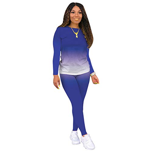 Tie Dye Women 2 Piece Outfits for Women Sexy Bodycon Outfits Plus Size Tracksuits Crewneck Long Sleeve T Shirts Pant Set Blue 2XL