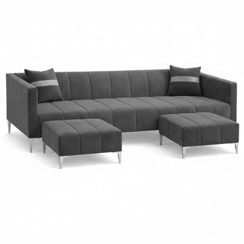 Image of Solomon 6 Seater L Shape Sofa Set with 2 Movable Ottoman | Flexible Left or Right Layout | Luxe Velvet Suede Fabric | Comfortable Seating | Modern Sofa for Living Room - Dark Grey