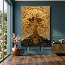 TONGYINLI Lienzos con el Árbol Dorado de la Vida, Arte de Pared con Símbolo Espiritual, Decoración del Hogar inspirada en la Naturaleza, Cuadro Vintage de Árbol en Lienzo (40x60cm/Marco Interno)