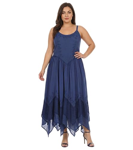Image of Sakkas Rayon Embroidered Stonewashed Adjustable Spaghetti Straps Long Dress
