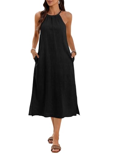 Image of Women's 100% Linen Midi Dress Halter Neck 2026 Dress Sleeveless Flowy Beach Sun Dresses with Pockets