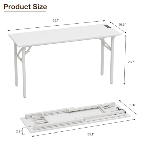 Image of TEMI Long Computer Desk Folding Table - No Assembly, Compact 55.1 inch Foldable Desk with Power Outlets & USB Charging Port, Portable Lagre Office Desk, Ideal Large Study Table for Narrow Spaces,White Ash