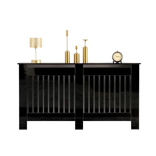 FUSIDE High Gloss Black Radiator Cover Cabinet Modern Chipboard Heating Cover with Display Top Vertical Slat Design for Living Room Bedroom Hallway (L(L151.5 x W19 x H85 cm))