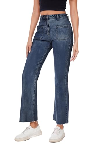 Women Straight Leg Capris Jeans Mid Rise Cropped Pants Stretchy Ankle Length with Pockets Blue