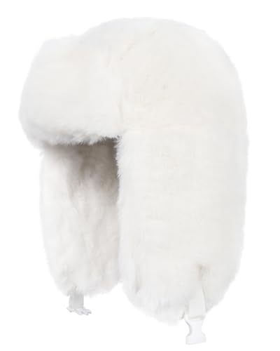 Ushanka Hat for Men Women Winter Cozy Plush Fur Russian Hat with Ear Flaps Fluffy Furry Fuzzy Windproof Warm Trapper Hat White