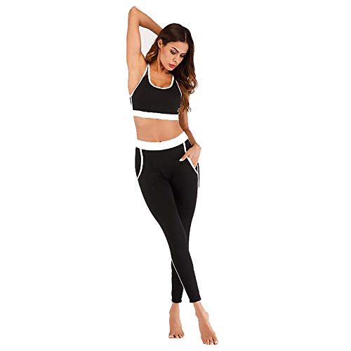Women's Fitness Running Athletic Tracksuits Moisture Wicking Yoga Tight Solid Color Stitching Suit Sports Running Clothes With Pockets Female Stretch Fitness Suit