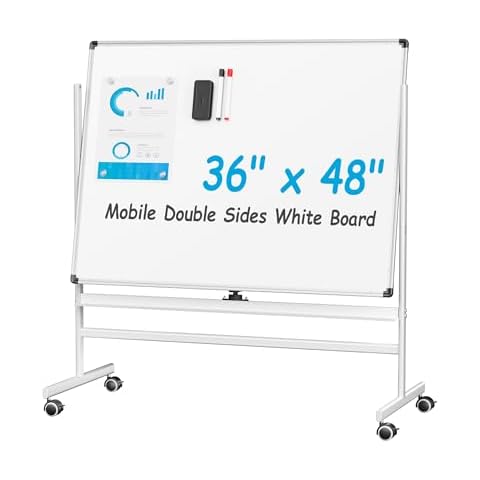 VUSIGN Mobile Double Sides White Board Kit 36" x 48", 1 Dry-Erase Eraser, Red Marker & Black Marker, 4 Magnetic Pins, Aluminum Frame, Portable Dry Erase Board with Stand for Office, Home, School Cover