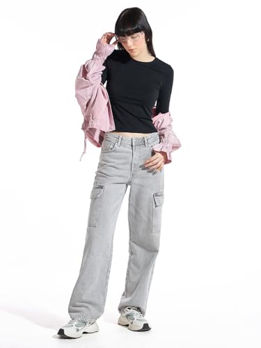 Image of Bewakoof Women's Solid Slim Fit Full Sleeve Round Neck Cotton Lycra Blend Top