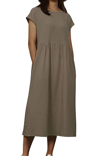 VEVESMUNDO Sommerkleid Damen Leinenkleid Freizeitkleid Strandkleid Baumwolle Kurzarm Knielang Tunika Lockere Kleider mit Taschen (Khaki,5XL)