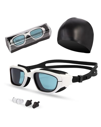 Hurdilen Gafas de natación, lente antivaho + clip de nariz de silicona, tapones para los oídos, correa ajustable para competición y natación recreativa (transparente y blanco)