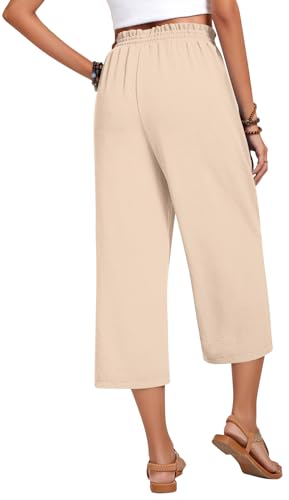Image of Anyhold Women's Capri Pants Drawstring Casual Palazzo Trousers with Pockets Loose High Waisted Wide Leg Lounge Pants