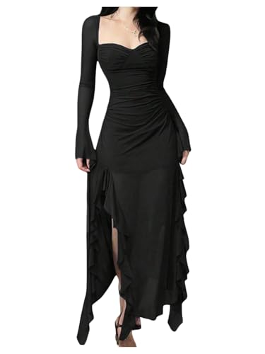 GORGLITTER Womens Square Neck Ruched Maxi Dress Fall Gothic Long Sleeve Split Cocktail Birthday Dinner Going Out Dress Black Large