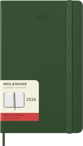 Moleskine Tagesplaner, Tagesagenda 2026 12 Monate, Mit Festem Einband und Elastischem Verschluss, Großformat 13x21, Farbe Grün