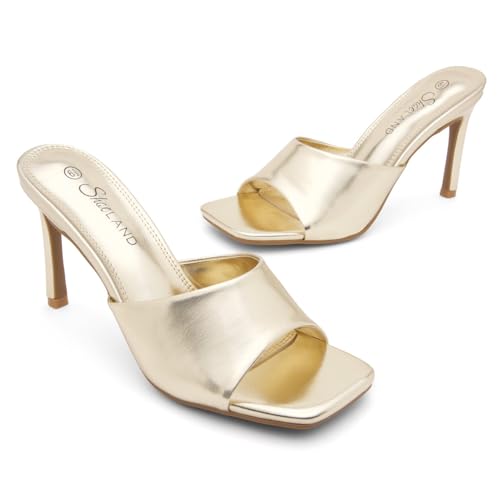 Image of Shoe Land Melrose Women's High Heels Stiletto Heeled Slides, Square Open Toe One Band Slip-On Heeled Mules - Dressy Clear Heeled Sandals for Prom Party Wedding and Vacation