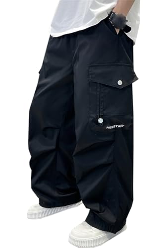 SANGTREE Boys Baggy Cargo Pants High Elastic Waist Parachute Pants with Pockets, 4-14 Years