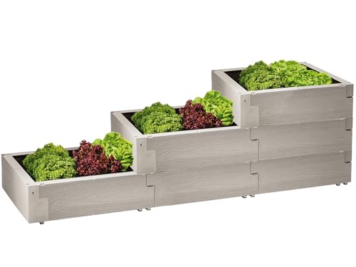 JUWEL Hochbeet Timber PFLANZTREPPE (3-stufiges Treppenhochbeet aus Kunststoff, witterungs- und frostbeständig, ideal für Kräuter, Gemüse & Blumen, ca. 190 x 60 x 60 cm, 100 % recycelbar) 20472