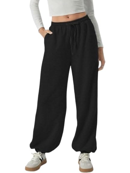 Image of Women?s Relaxed Fit Black Track Joggers ? High Waist with Pockets for Sporty & Casual Look