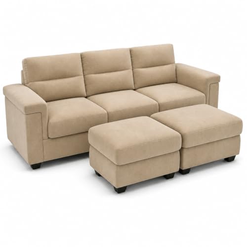 Image of FURNY Parker 3 Seater Sofa Set with 2 Ottomans | Premium Suede Velvet Fabric Finish | Durable Comfort Sofa for Modern Living Room & Office Spaces