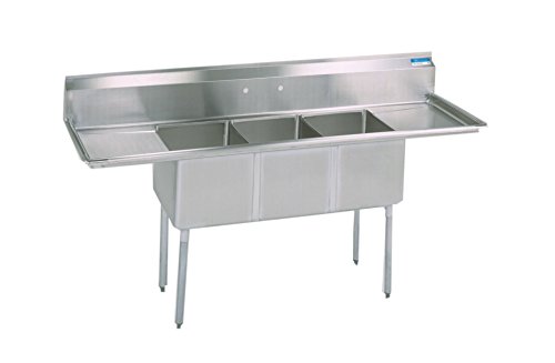 BK Resources Stainless Steel 3 Compartment Sink with Left and Right Hand Drainboards, 84