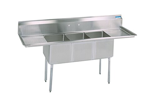 BK Resources Stainless Steel 3 Compartment Sink with Left and Right Hand Drainboards, 84"W x 25-13/16"D