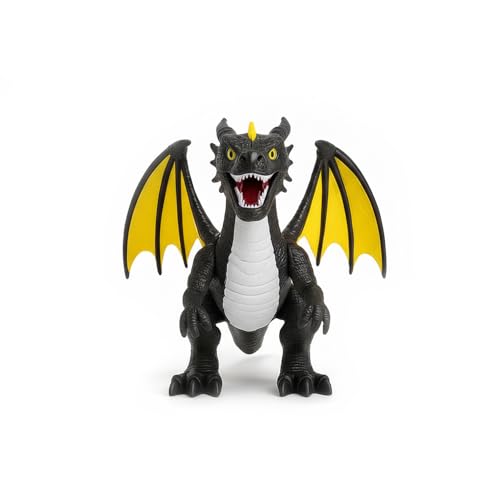 FERRY JOUETS - Dragon Coloré Interactif 35 cm Cracheur de Fumée, Ailes Battantes et Rugissement, Lumière et Son, Jouet pour Enfant (Noir)
