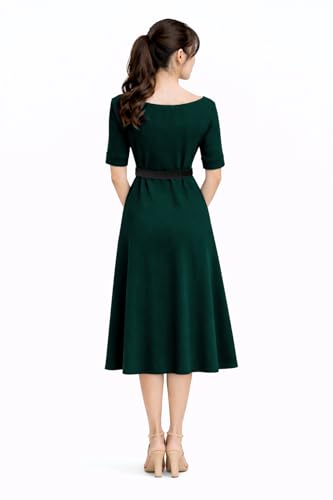 Image of Women's Elegant Midi Dress with Belt | Half Sleeve Fit & Flare Casual Dress | Knee Length Office Party Western Dress for Women