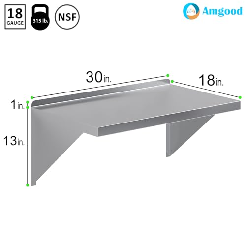 Image of AmGood 18 inch x 30 inch Stainless Steel Wall Shelf | Appliance & Equipment Metal Shelving | Kitchen, Restaurant, Garage, Laundry, Utility Room | Heavy Duty | Squared Edge | NSF Certified