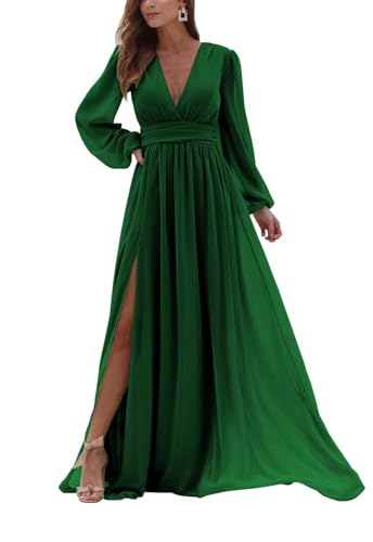 Rmaytiked Long Sleeves Bridesmaid Dresses with Slit V Neck Chiffon Wedding Guest Gowns Formal Evening Dresses for Women