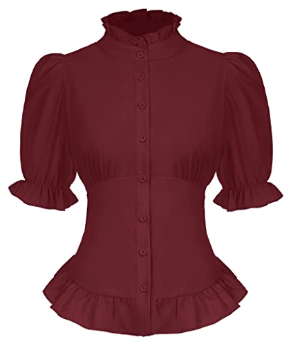 Belle Poque Damen Bluse Mittelalter Kurzarm Stehkragen mit Rüschen Party...