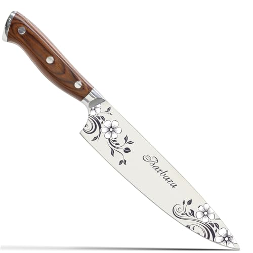 Image of Custom Chef Knife, Personalized Chef knife, Color Engraved knife, Gift, 8 inch Sheath Cover and Gift Box, Gift for Any Season White Floral Engraving (Winter Edition)