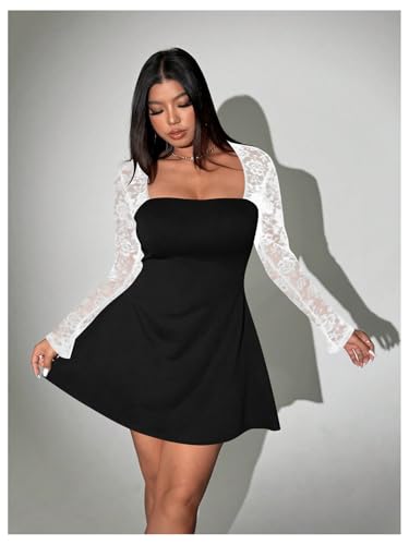 Image of Floerns Women's Plus Size Contrast Lace Sheer Long Sleeve A Line Dress Square Neck Mini Dresses