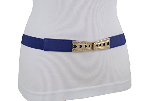 TrendyFashionJewelry TFJ Women Elastic Skinny Belt Hip High Waist Gold Metal Heart Buckle S M Blue2