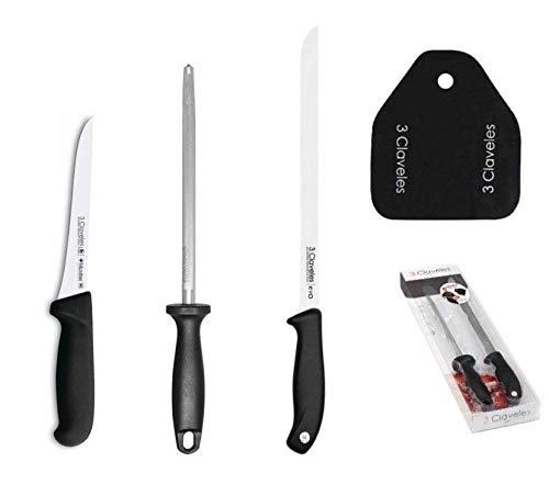 Hidalgo Juego de Cuchillos 3 Claveles,1 Cuchillo Jamón,1 Cuchillo deshuesar y 1 Chaira 3 Claveles + Regalo de Cubre jamón Cover