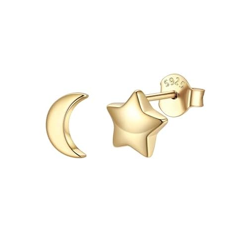 ChicSilver Hypoallergenic 925 Sterling Silver Stud Earrings, Dainty Simple Heart/Star/Moon/Lightning/Butterfly Earrings for Women D.Moon Star-Gold