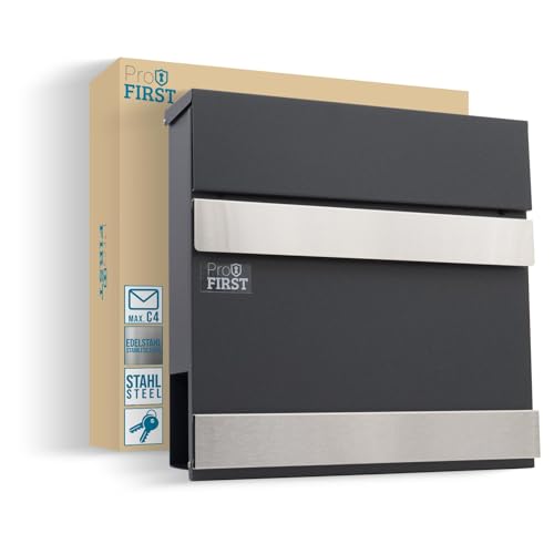 Profirst Modena - Cassetta della posta in acciaio, con serratura a cilindro, 2 chiavi, grande capacità, scomparto per giornali, materiale di fissaggio incluso