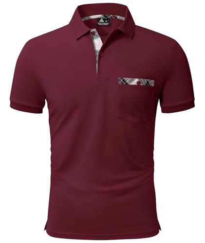 geeksport Polo Hombre Golf Manga Corta Color Contraste Cuadros Elegante Transpirable Slim Fit Camiseta de Polo Verano Negocios con Bolsillo en el Pecho para Homb(Rojo Vino L)