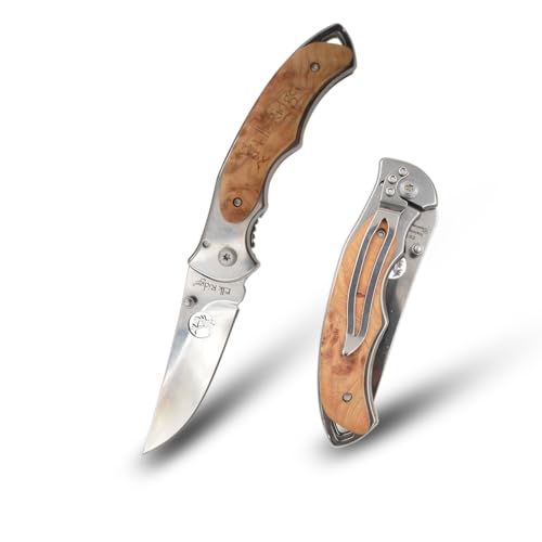 Elk Ridge - Outdoors Folding Knife - 4.25-in Closed, 3-in Mirror Polished Stainless Steel Blade, Maple Burl Wood Handle, Pocket Clip - Hunting, Camping, Survival, EDC - ER-519