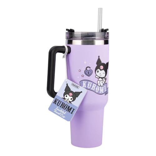 Paladone Kuromi Vaso térmico morado de 900 ml con pajita y asa, botella reutilizable con licencia oficial Sanrio Hello Kitty y amigos, para agua, té frío, café, coleccionable kawaii para fans