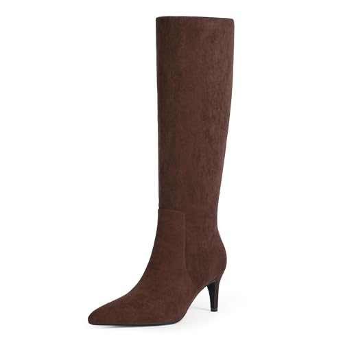 QIY Women Knee High Boots Chocolate Brown Boots Kitten Heel Pointed Toe Tall Fall Long Suede Boots Size 8