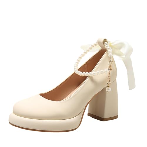 Women's Leather Chunky High Heel Pearl Chain Ankle Strap Pumps Round Closed Toe Platform Elegant Mary Jane Dress Shoes Wedding Party Evening Shoes