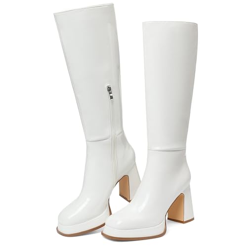EQAUDES White Knee High Boot GoGo Boots for Women Fashion Platform Combat Side Zipper Tall Long 70s Disco Shoes Party Dress Chunky Goth Boot