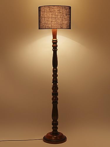 Image of Jute Modern Floor Lamp with Wooden Base - Height 56 Inches | Modern & Fashionable Standing Lamp for Living Room, Bedroom & Office | Stylish Home Decor Lighting in Elegant Blue Shade