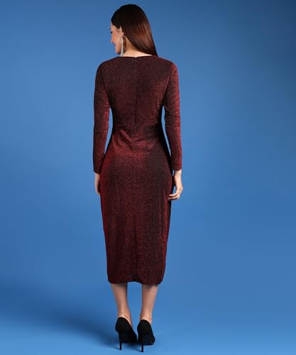 Image of SAFFE Women's Stylish Casual Evening Textured Full Sleeve V-Neck Bodycon Body Fitted Midi Dress, Maroon
