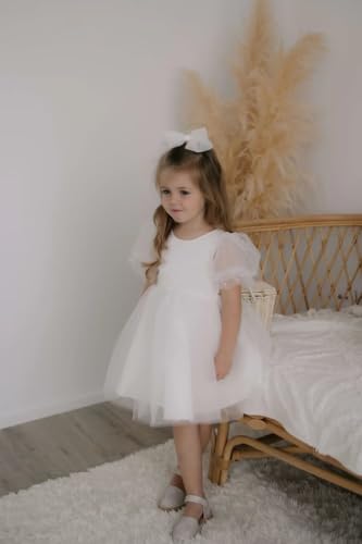 Pearl Tulle Flower Girl Dress for Wedding Puff Sleeves Satin Ball Gowns V Back Knee Length Princess Birthday Dress2