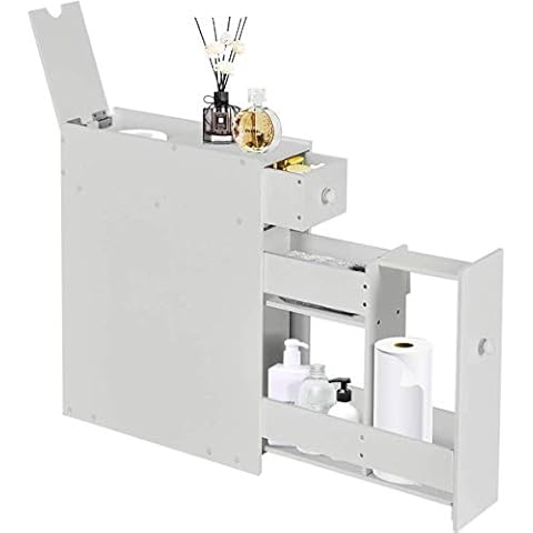 FANTASK Bathroom Cabinet Toilet Narrow Floor Organizer, Slim Floor Storage Cabinet with Toilet Tissue MagazineFANTASK Shelf Holder&2 Slide Out Drawers for Home Bathroom Living Room, White Cover