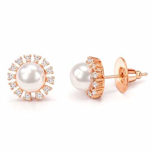 Image of Nilu's Collection Rose Gold Plated Triangular Design Pearl Stud Earrings With American Diamond for Women And Girls | Gift For Her | Anti- Allergy |Anti-Tarnish | Office Wear