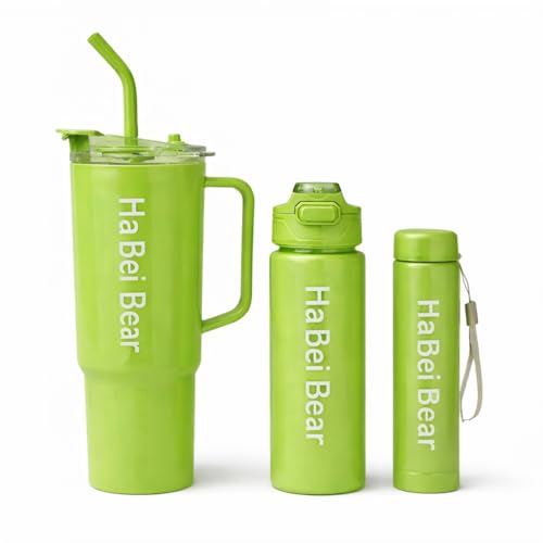 Image of Insulated Tumbler Set, Purpule Or Blue,1200ml /800ml /300ml, Double Wall with Straw and Handle, Hot Cold Drinks Coffee Water Bottles (Light Green)